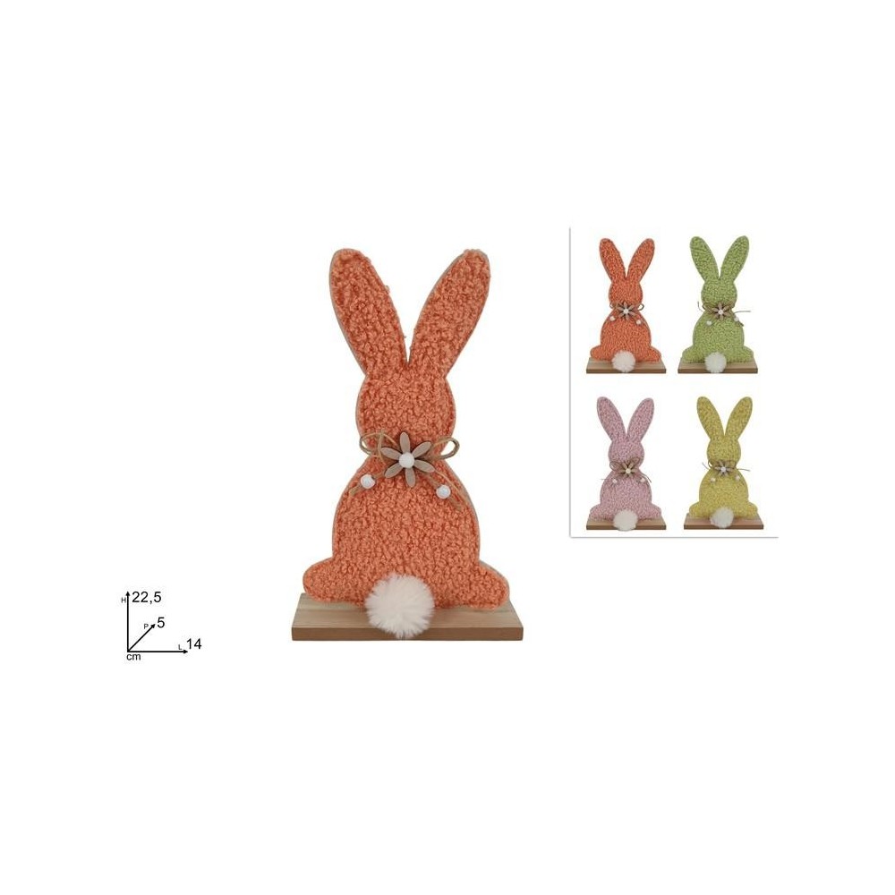 CONIGLIO 22.5 CM IN FELTRO C PELLICCIA C BASE LEGNO 4 COL